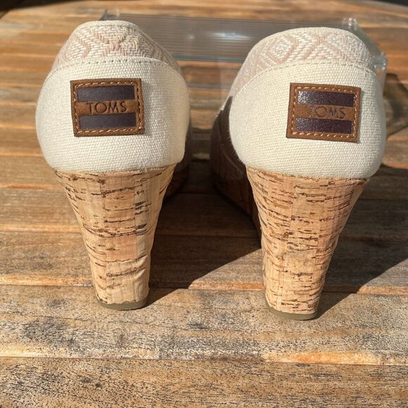 Toms Peep Toe Cork Espadrille Wedge Tan Diamond Aztec Pattern Fabric Women's W10 - Picture 4 of 12